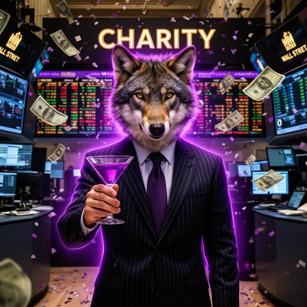 Wolf in a pinstripe suit on a trading floor — degens for charity